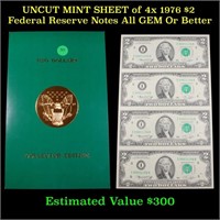UNCUT MINT SHEET of 4x 1976 $2 Federal Reserve Not