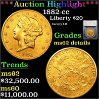 *Highlight* 1882-cc Liberty $20 Graded ms62 detail