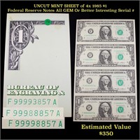 UNCUT MINT SHEET of 4x 1985 $1 Federal Reserve Not
