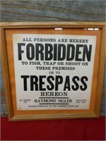 Antique 1940's New York Framed No Trespassing Sign