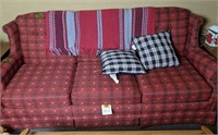 81" Red Flexsteel Upholstered Couch. In Basement