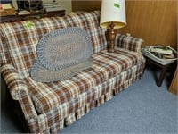 68" Brown Plaid Couch, Table Lamp, Braided Rugs,