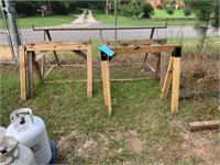 THREE WOODEN SAWHORSES, CLAMP. SMALL