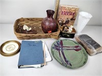 Basket, vases, figurines, art pottery plate,