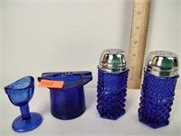Cobalt glass: eyewash cup, top hat ashtray,