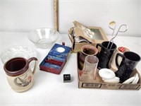Glass & ceramic mugs, Tiara Sandwich glass, box,