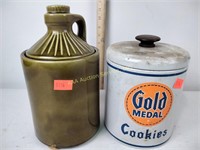(2) cookie jars including Gold Medal tin &