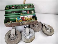 Tackle box & contents, large wheel casters