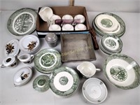 Green transferware dishes, baking pans, vase,