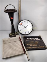 Simplex wall clock, smoker's stand, paper cutter,