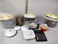 Le Creuset pots, plastic food storage containers,