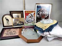 Framed pictures, mirror, reproduction circus