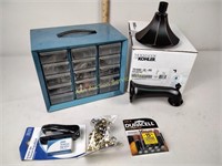 Hardware organizer & contents, bells, batteries,