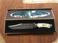 Engraved Howling Wolf Knife w/ Bone Handle