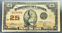 1923 Canadian 25 Cents Bill AU+