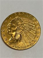 1908 D $5 Gold Indian - XF Grade