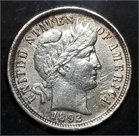 1892-P Barber Silver Dime from Set, High Grade