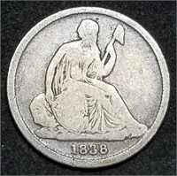 Scarce 1838-O Seated Liberty Silver Dime, Nice