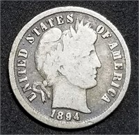 1894-P Barber Silver Dime from Set, Better Date