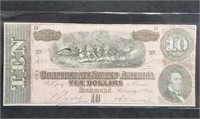 1864 Confederate $10 Banknote T-68 Nice