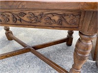 OAK CARVED CROSS STRETCHER BASE DINING TABLE