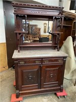 WALNUT MARBLE TOP BUFFET WITH MIRROR BACK