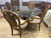 FEATHER CARVED ROUND GLASS TOP TABLE AND 4 CHAIRS