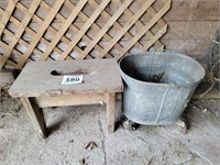 Vintage, galvanized mop bucket & wooden stool 13"