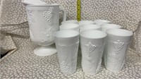 Indiana milk glass pitcher and 9 glasses