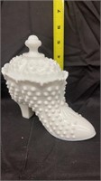 Fenton milk glass shoe with lid