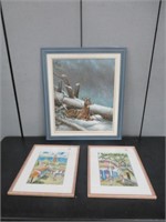 FRAMED OIL OF DEER SIGNED DAVID JOHNSON & 2 PRINTS