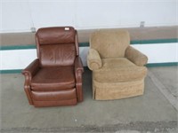 BROWN UPHOLSTERED ARMCHAIR & BROWN VINYL RECLINER