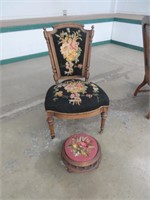 NEEDLEPOINT UPHOLSTERED SLIPPER CHAIR & FOOTSTOOL