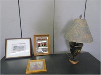 WOODEN TABLE LAMP, 2 PRINTS & FRAMED BAR SIGN