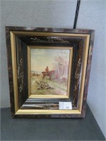 FRAMED HUNTING SCENE OIL SIGNED CLAIRE 1934