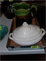 UNMARKED GREEN BROWN FLORAL PITCHER- SOUP
