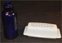 Pyrex Butter Dish w/ Blue Bottle