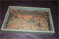 Vintage Wood Tray w/ Asian Pint