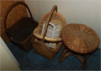 Woven wooden stool, 13" tall - 4 wicker baskets