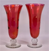 Pr. Venetian glass vases, red tops, clear bottoms,
