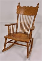 Pressed back oak rocker, leather seat, (loose arm)