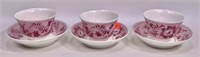 3 pink Staffordshire handless cup & saucers,
