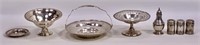 Sterling silver lot: 3 nut dishes, basket, shakers