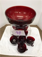 Ruby Red Punchbowl w/ stand & 12 cups