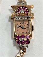 STUNNING 1940's 14k Gold Watch w/Rubies/Dias.