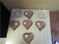 5 purple Hearts & 2 Clear Glass Candle Sticks