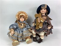 Two Porcelain Dolls and Wooden Stool