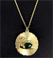 Vintage 14k Gold & Jade Swan Pendant Necklace