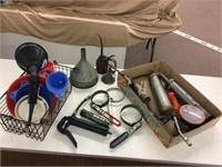 Oil can, funnel, grease guns, more