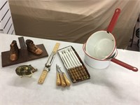Vintage items - enamel ware, button hooks, brass